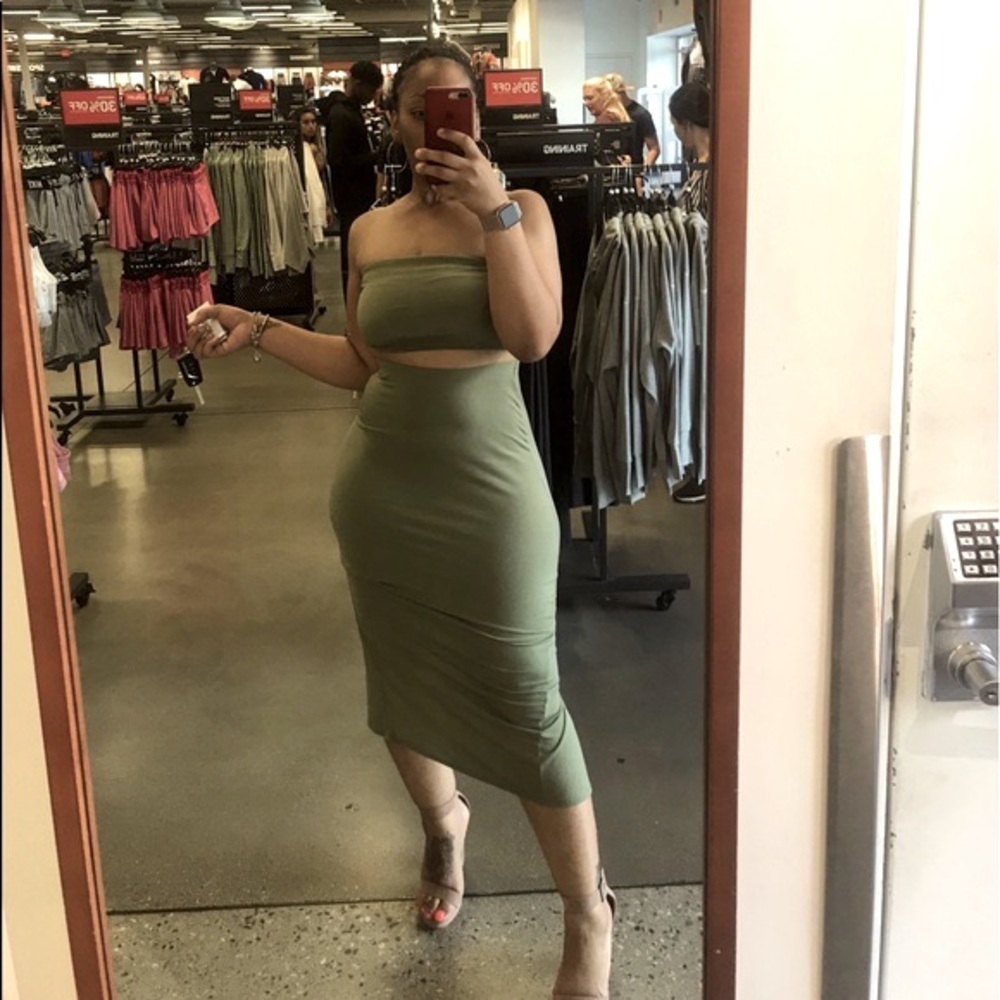 2pc Green Bandeau Midi Skirt Set